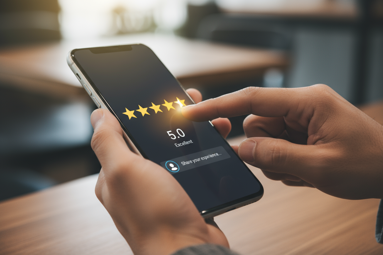 close up to user hands holding a phone and 5 star rating