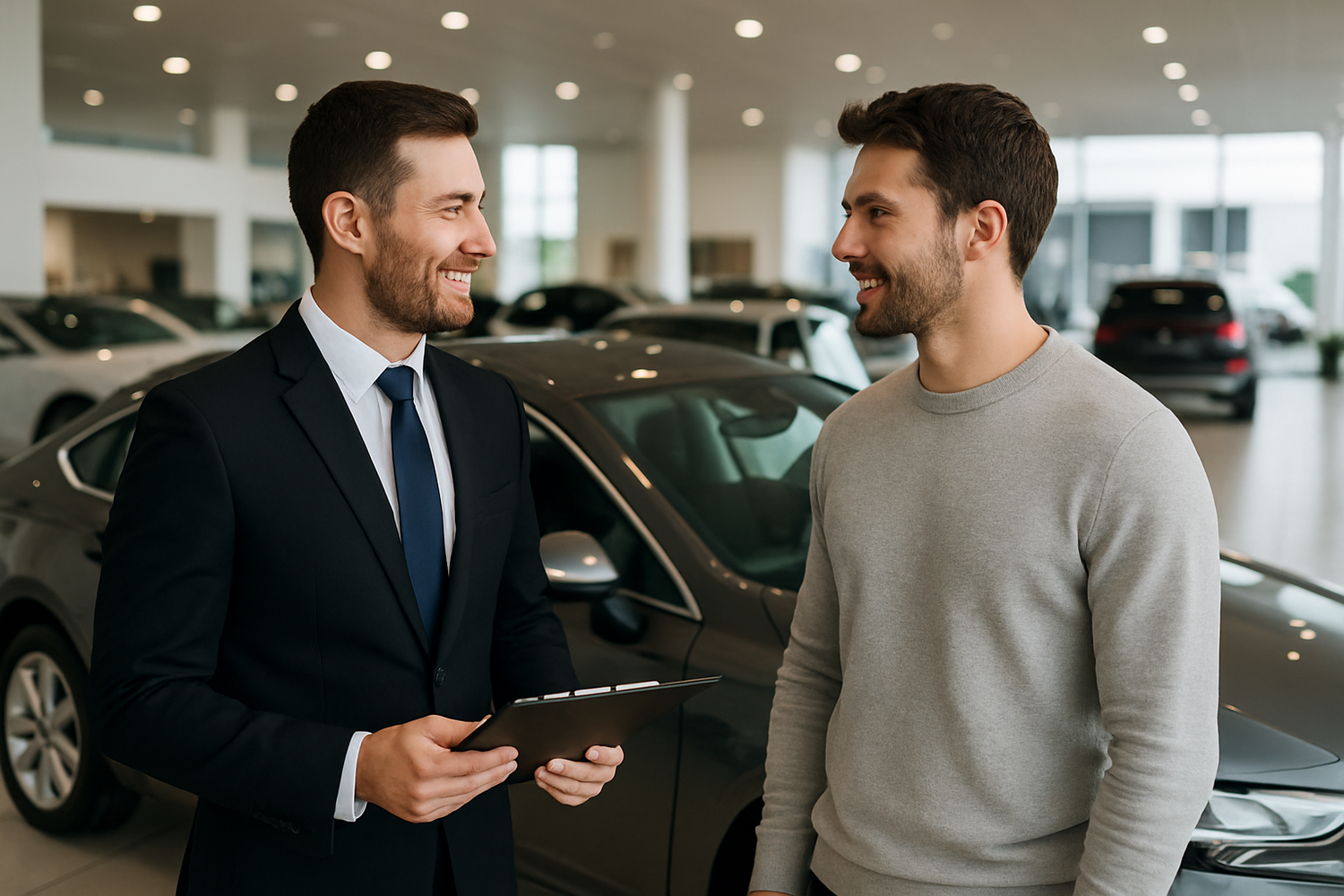make the executive and customer look at each other while standing next to a car.